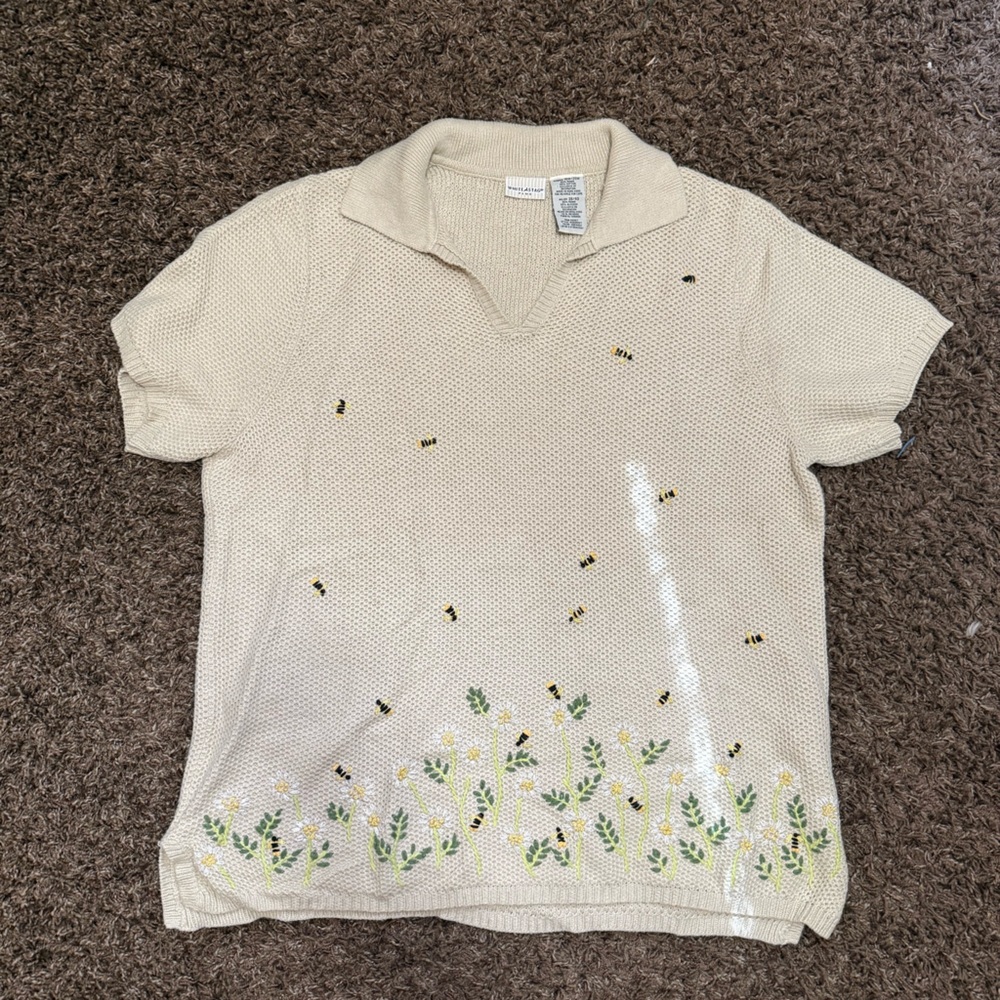 White Stag Cream Sweater Polo with Floral and Bee Accents